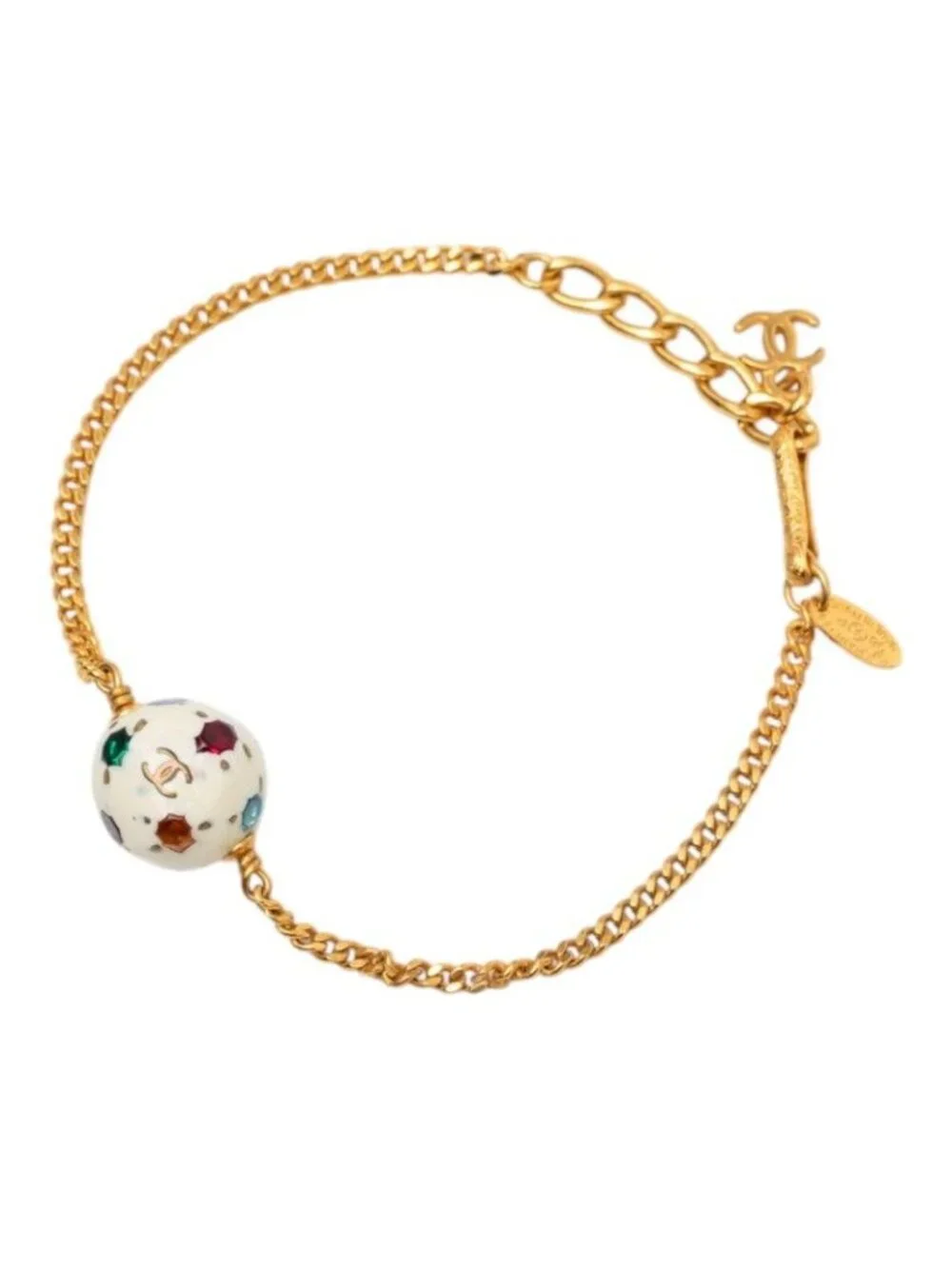 Chanel CC Logo Soccer Ball Chain Bracelet Gold Multicolor Plated Rhinestone